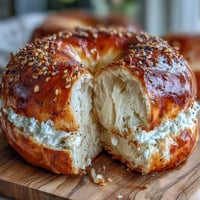 Golden baked Greek yogurt bagels with everything seasoning, featuring a chewy texture and savory topping.  