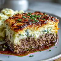 Classic Shepherd's Pie with Cauliflower Mash Topping in a baking dish, golden brown swirls on top, hearty lamb and vegetable filling beneath.