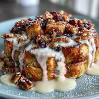 Decadent baked blueberry French toast casserole with golden, custard-soaked brioche and juicy blueberries, dusted with powdered sugar for a festive Mother's Day brunch.