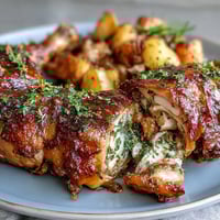 Herb-marinated chicken thighs and colorful root vegetables roast together for a savory, one-pan dinner bursting with flavor.