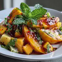 A vibrant tropical fruit display with ripe mango and pineapple slices, garnished with fresh mint and lime for a refreshing summer treat.