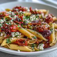 Vibrant Greek pasta salad with olives and feta, bursting with fresh vegetables and tangy Mediterranean flavors.