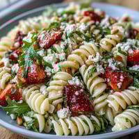 Fresh spring pasta salad with strawberries, feta, and arugula in a light balsamic dressing.