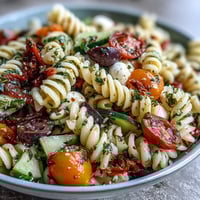 A colorful bowl of Easy Summer Pasta Salad with Italian Dressing, packed with cherry tomatoes, cucumber, and mozzarella balls.
