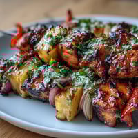 Grilled Pineapple Chicken Skewers with juicy chicken, sweet pineapple, and colorful bell peppers sizzling on the grill.