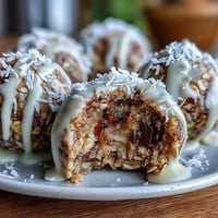 No-bake carrot cake bliss balls with walnuts, oats, and warm spices, perfect for a healthy snack or dessert.