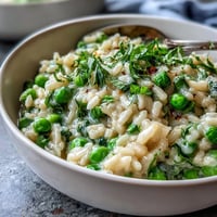 Creamy Spring Pea Risotto with fresh mint, Parmesan, and lemon zest—a vibrant vegetarian main dish.