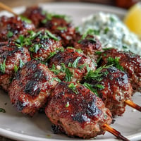 Juicy spiced lamb kofta skewers grilled to perfection, served with cool and creamy homemade tzatziki sauce.  