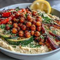A colorful bowl of crispy roasted chickpeas, creamy hummus, and grilled vegetables, perfect for a healthy vegan meal.