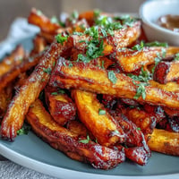 Golden air fryer sweet potato fries, perfectly seasoned, with creamy chipotle aioli.
